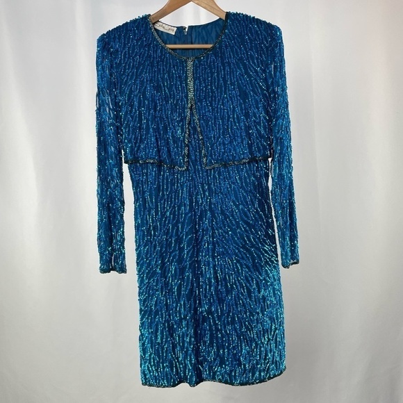 Vintage Scala Sequins Long Sleeve Mini Dress in Blue Size Small - Picture 4 of 7